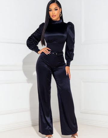 Women's Sets Autumn Winter Elegant Plain Bright Silk Lantern Sleeve Mock Neck Full Length Casual Pants Sets