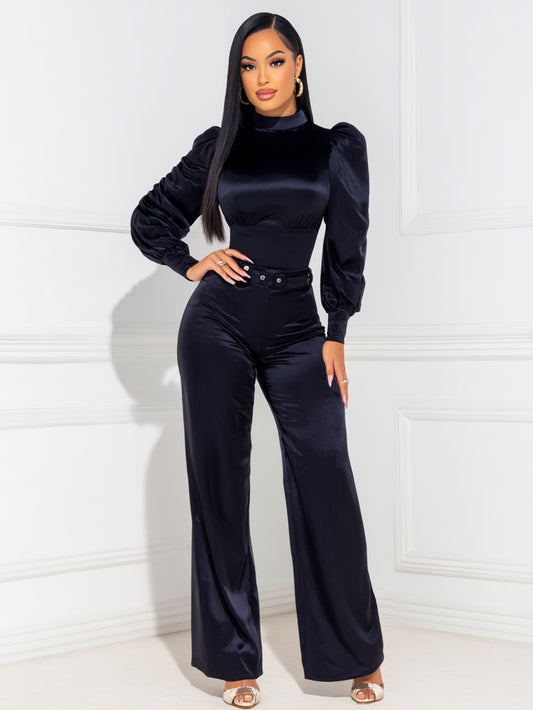 Women's Sets Autumn Winter Elegant Plain Bright Silk Lantern Sleeve Mock Neck Full Length Casual Pants Sets