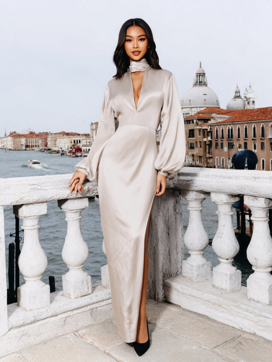 Women's Dress Autumn Elegant 2025 Plain V-Neck Scarf Collar Lantern Sleeve Slim Fit Maxi Side Slit Formal Dress