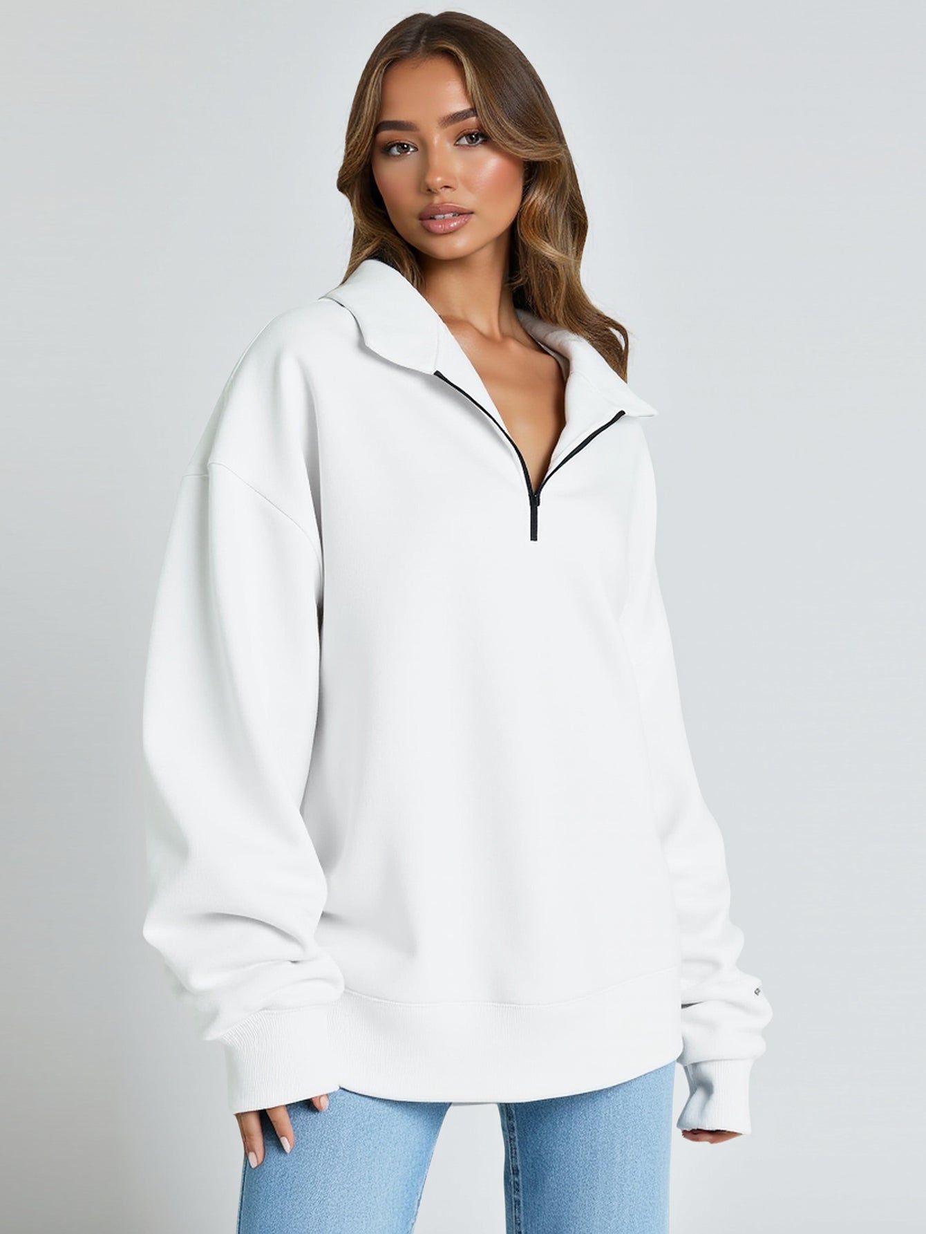 Sweatshirts's Pullover Autumn Winter Daily Basic Comfortable Decent Solid Color Zipper Long Sleeve Lapel Pullover