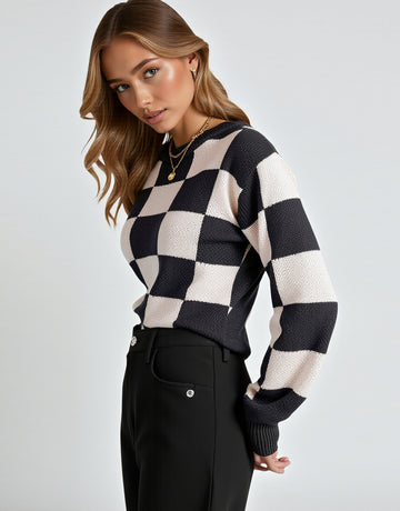 Autumn Winter Women's Sweater Chic Casual Contrast Color Plaid Long Sleeve Crew Neck Daily Sweater