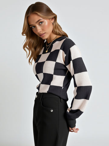 Autumn Winter Women's Sweater Chic Casual Contrast Color Plaid Long Sleeve Crew Neck Daily Sweater