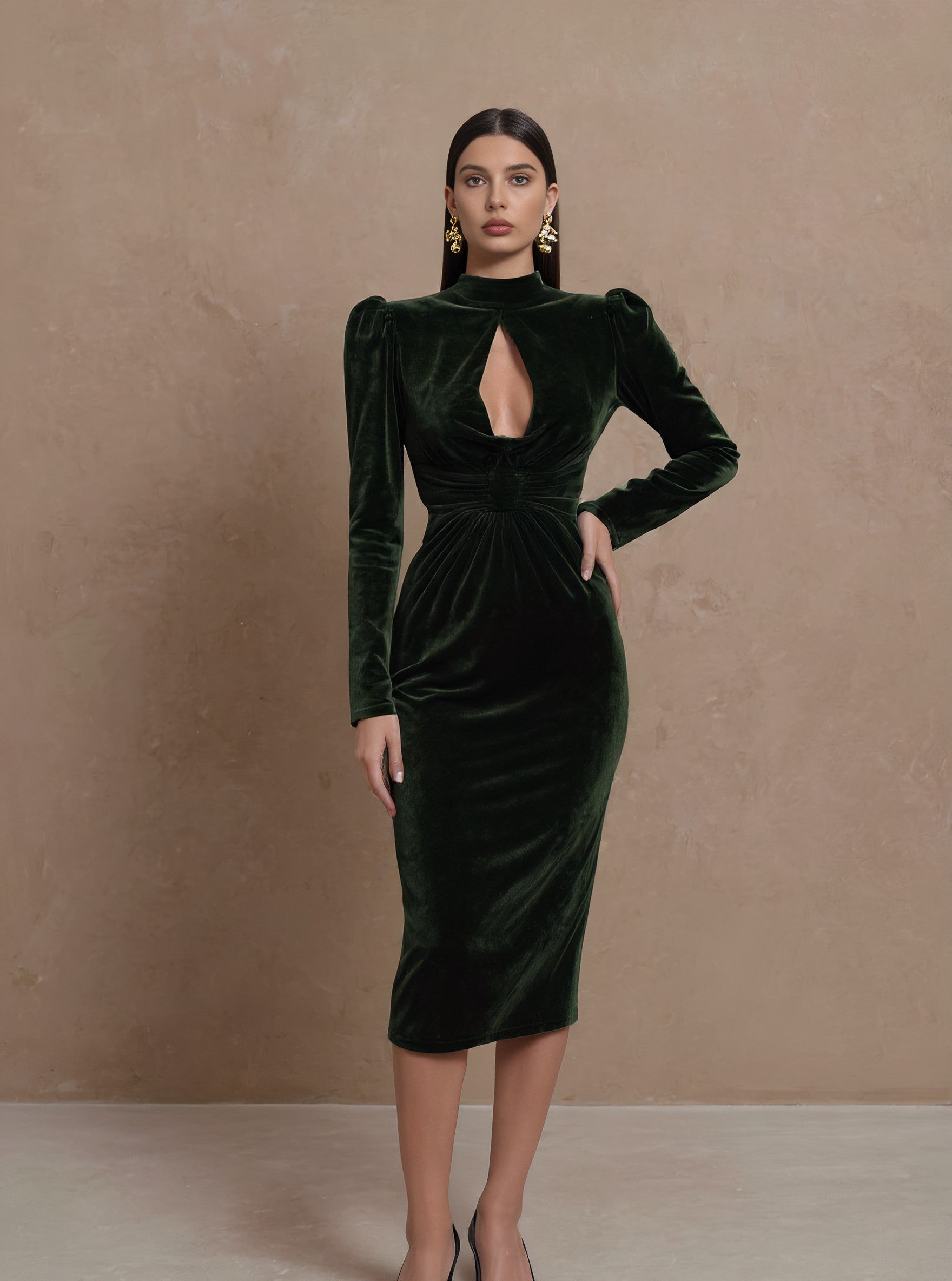 Autumn Tight Fit Pencil Dress Long Sleeve Stand Collar Midi Dress Casual Style Women's Skirt Type Fashionable Clothing