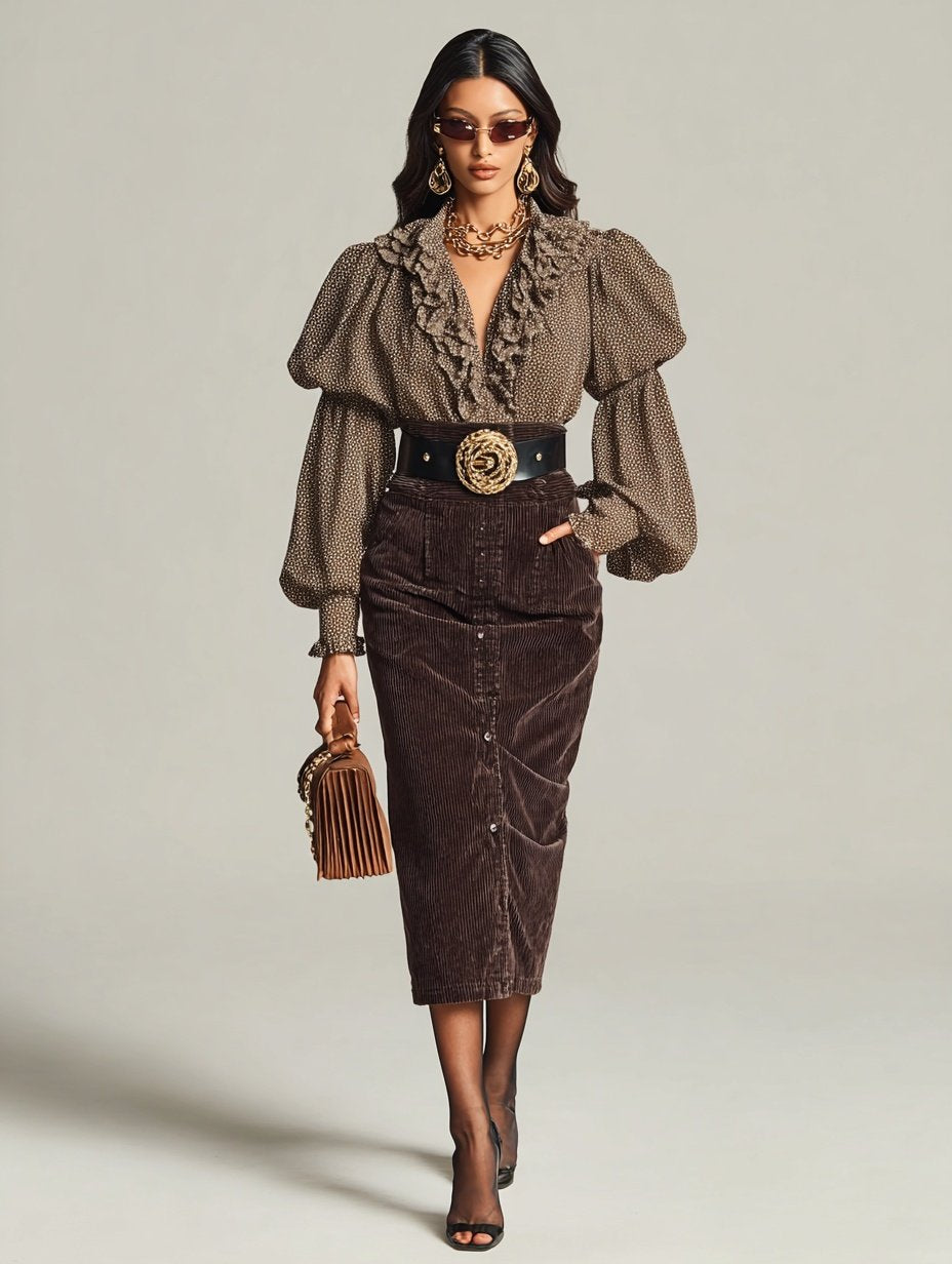 Autumn Blouses 2025 Women's Fashion Full Print Layered Long Lantern Sleeve V-Neck Flounce Basics Blouses