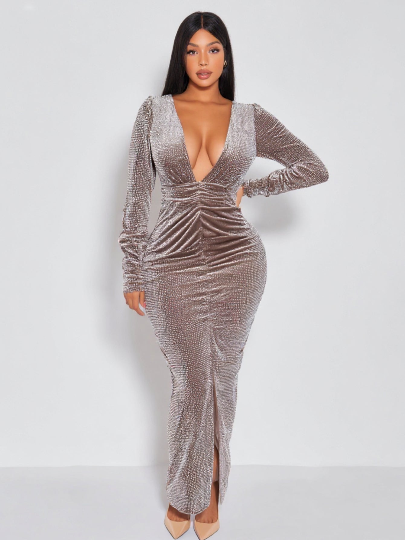 2025 Autumn Women's Dresses Sexy Plain Long Sleeve Plunge Neck Ruched Slit Elegant Maxi Mermaid Evening Dress