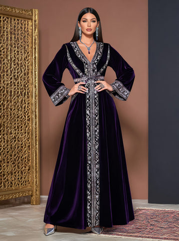 Autumn Casual Loose Jalabiyas Long Skirt With V-Neck And Straight Sleeve Muslim Fashion Arabic Robe Women's Clothing