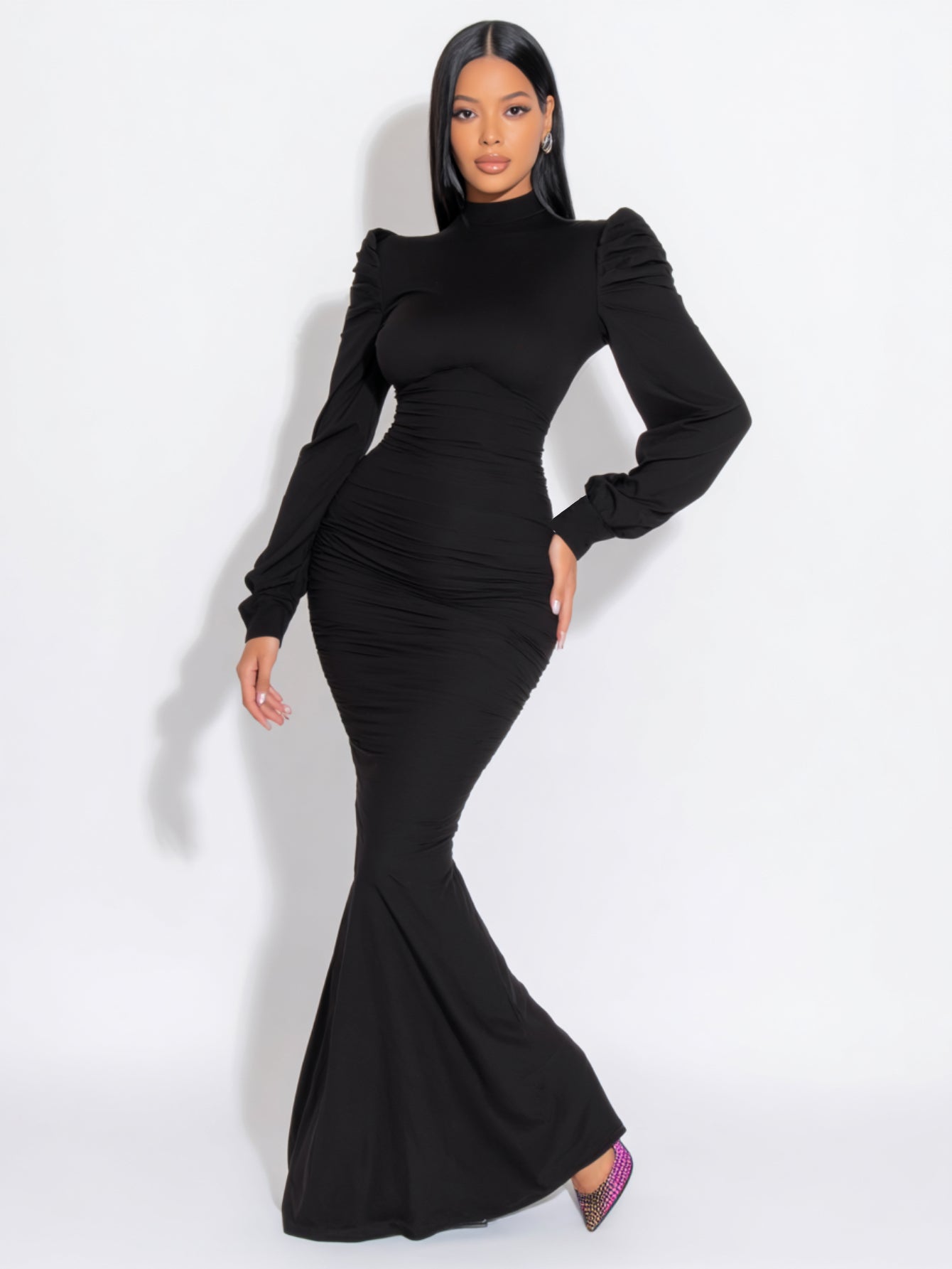 2025 Autumn Women's Dresses Simple Solid Color Long Sleeve High Neck Elegant Maxi Mermaid Evening Dresses