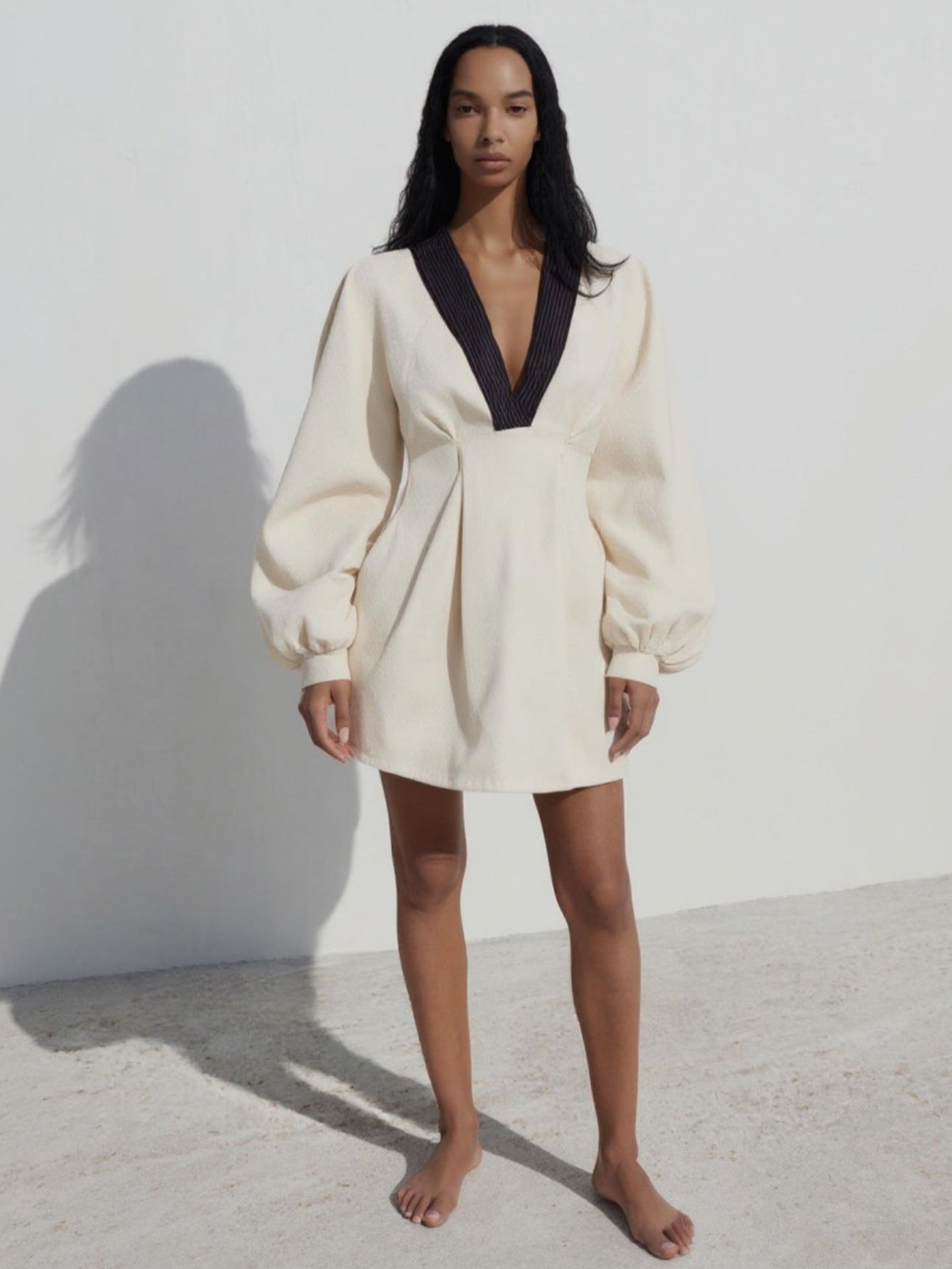 Women's Autumn Dresses Cute High Street Contrast Color Long Sleeve V-Neck Mini Shift Dresses