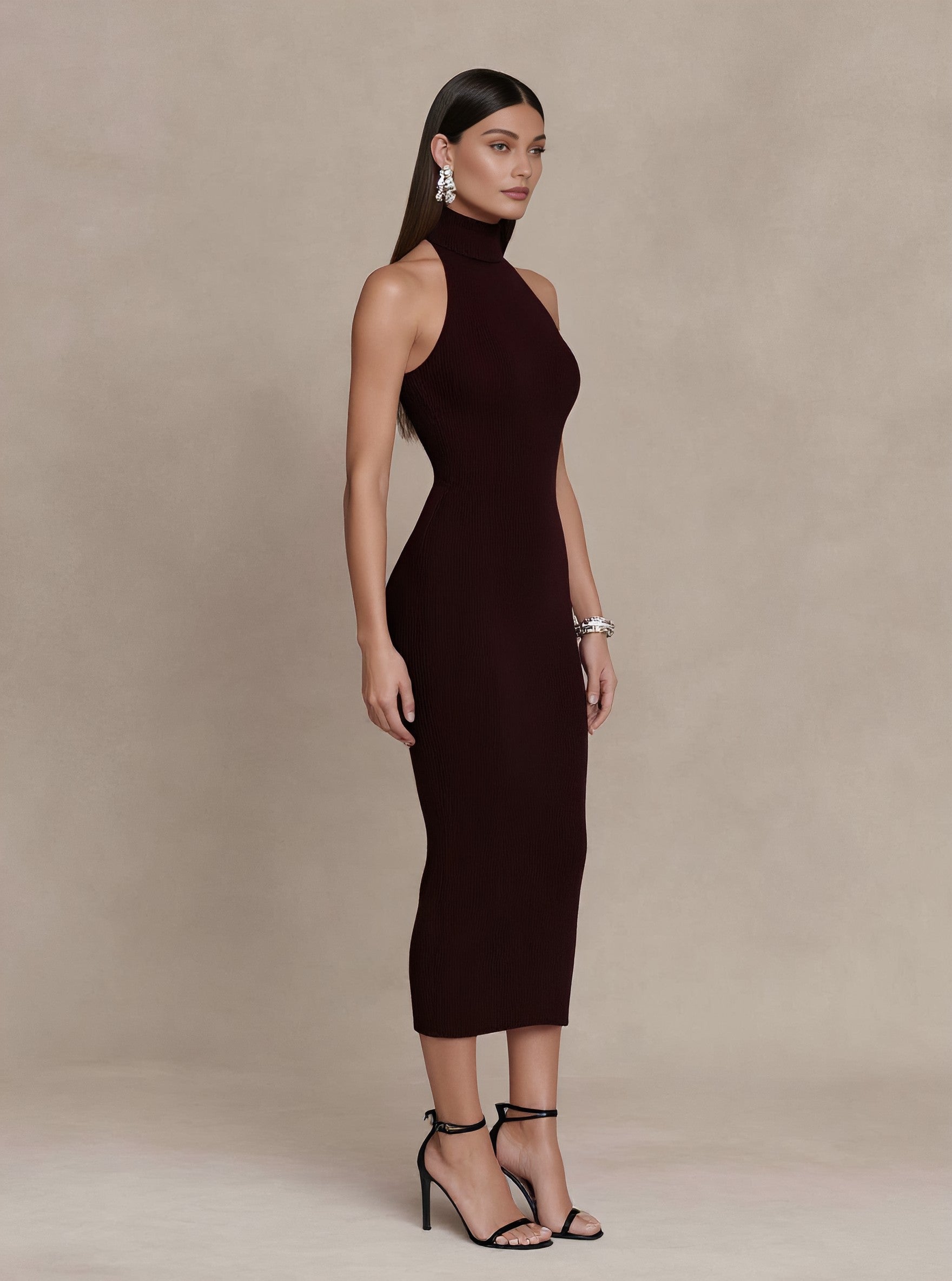 Casual Fitted High Collar Mid-Length Dress Autumn Sleeveless Pencil Skirt Style Women's Fashion Outerwear