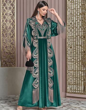 Autumn Long Dress Casual Style V-Neck A-Line Skirt Flounce Sleeve Body-Fitting Muslim Fashion Women's Dress