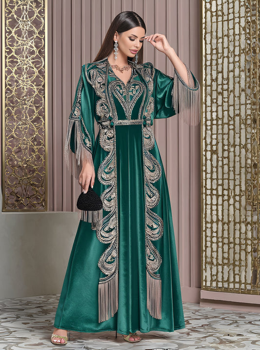 Autumn Long Dress Casual Style V-Neck A-Line Skirt Flounce Sleeve Body-Fitting Muslim Fashion Women's Dress