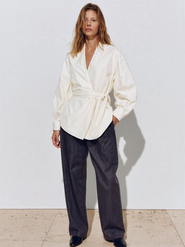 Autumn Shirts 2025 Women's Simple Plain Lace-Up Long Sleeve V-Neck Loose Fit Office Lady Shirts