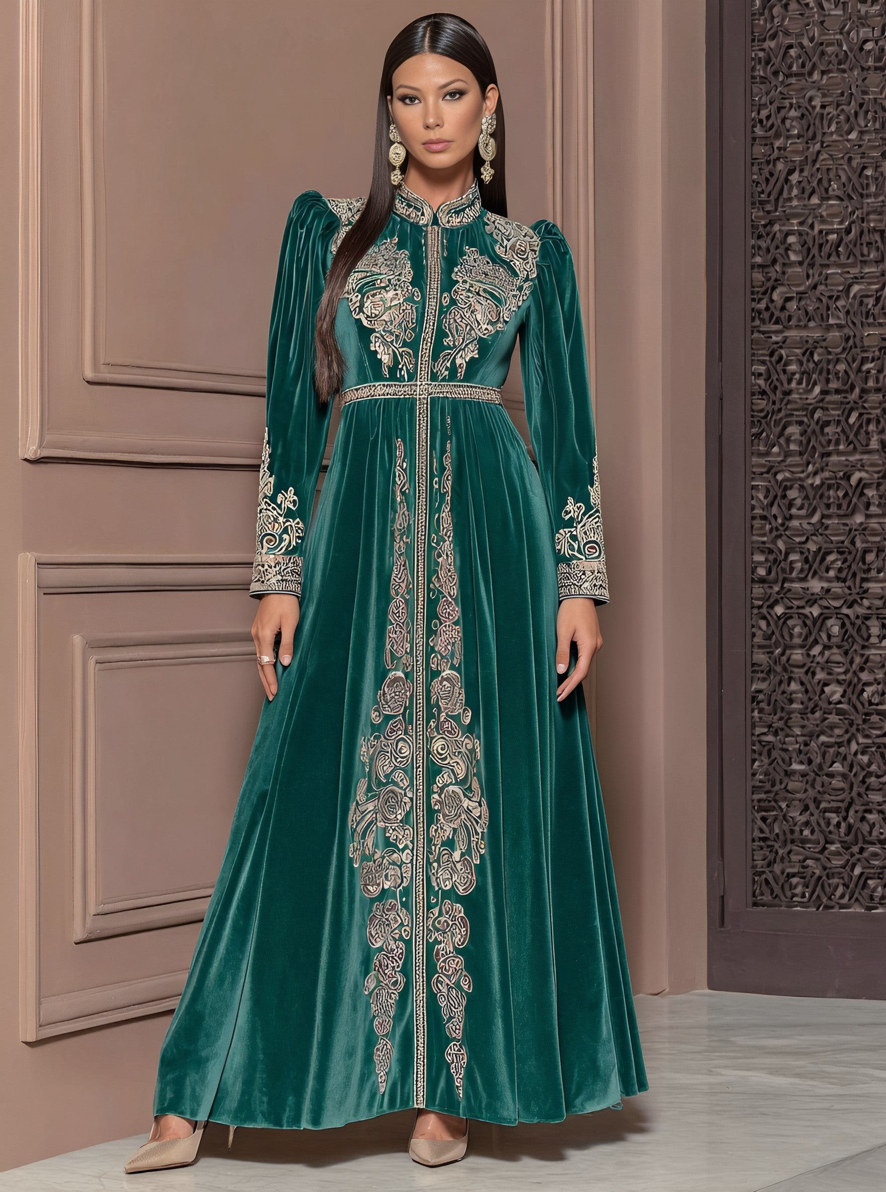 Autumn Long Dress Casual Fit A-Line Skirt Lantern Sleeve Stand Collar Muslim Fashion Women's Dress