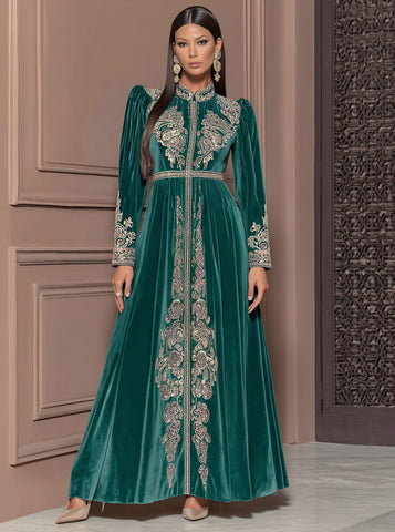 Autumn Long Dress Casual Fit A-Line Skirt Lantern Sleeve Stand Collar Muslim Fashion Women's Dress