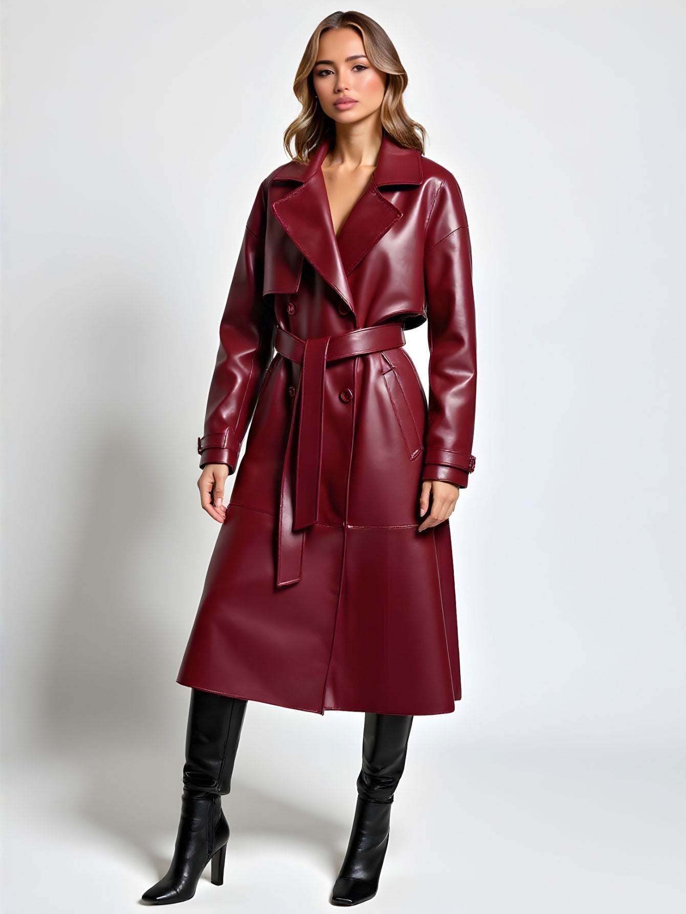 European and American Style 2025 New Winter Women's Retro Lapel Long-Sleeved Waist Lace-Up Double-Breasted Imitation Leather Outwear Jacket