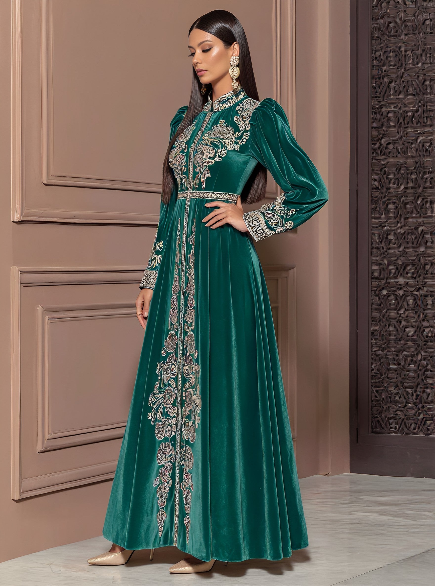 Autumn Long Dress Casual Fit A-Line Skirt Lantern Sleeve Stand Collar Muslim Fashion Women's Dress