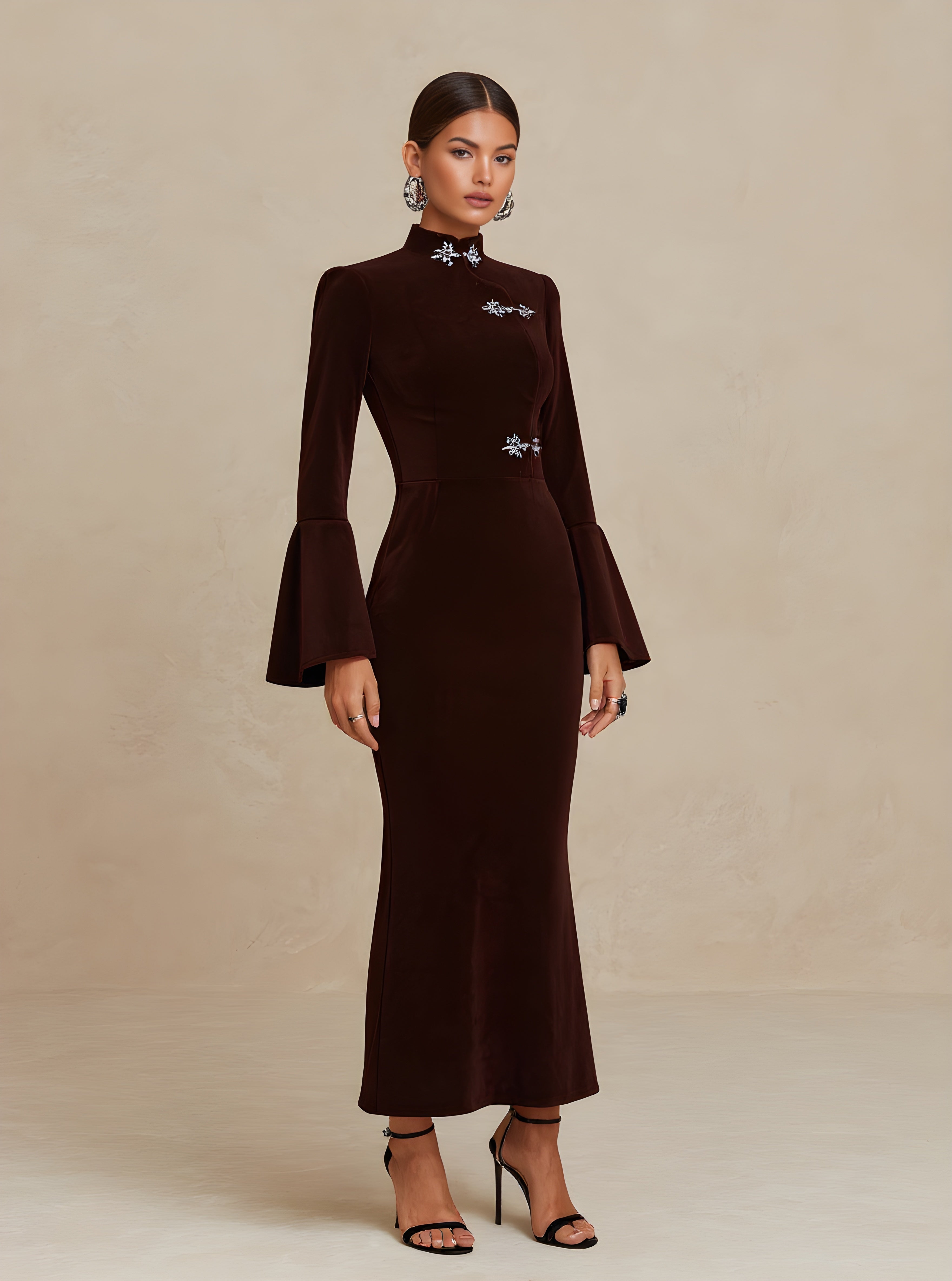 Autumn Dresses 2025 Women's Elegant Plain Long Flare Sleeve Mandarin Collar Mermaid Party Midi Dress