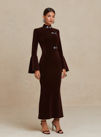 Autumn Dresses 2025 Women's Elegant Plain Long Flare Sleeve Mandarin Collar Mermaid Party Midi Dress