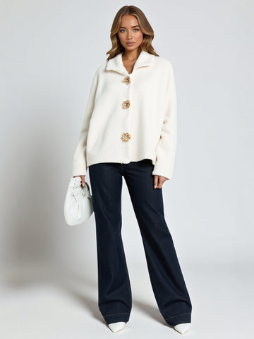 Vintage Faux Sweater Knitted Cardigan Soft Waxy Ins Style with Flower Buttons All-match Jacket Top for Women