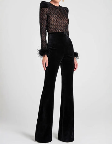 Autumn Women's Jumpsuits Fashion Fitting Slim Fauxcollar Long Sleeve Crew Neck Full Length Flared Pants High Street Jumpsuits