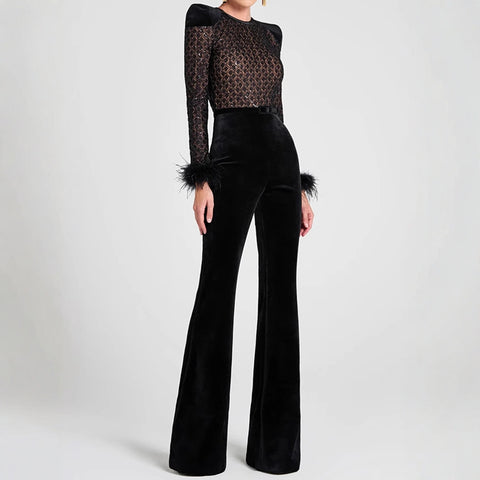 Autumn Women's Jumpsuits Fashion Fitting Slim Fauxcollar Long Sleeve Crew Neck Full Length Flared Pants High Street Jumpsuits