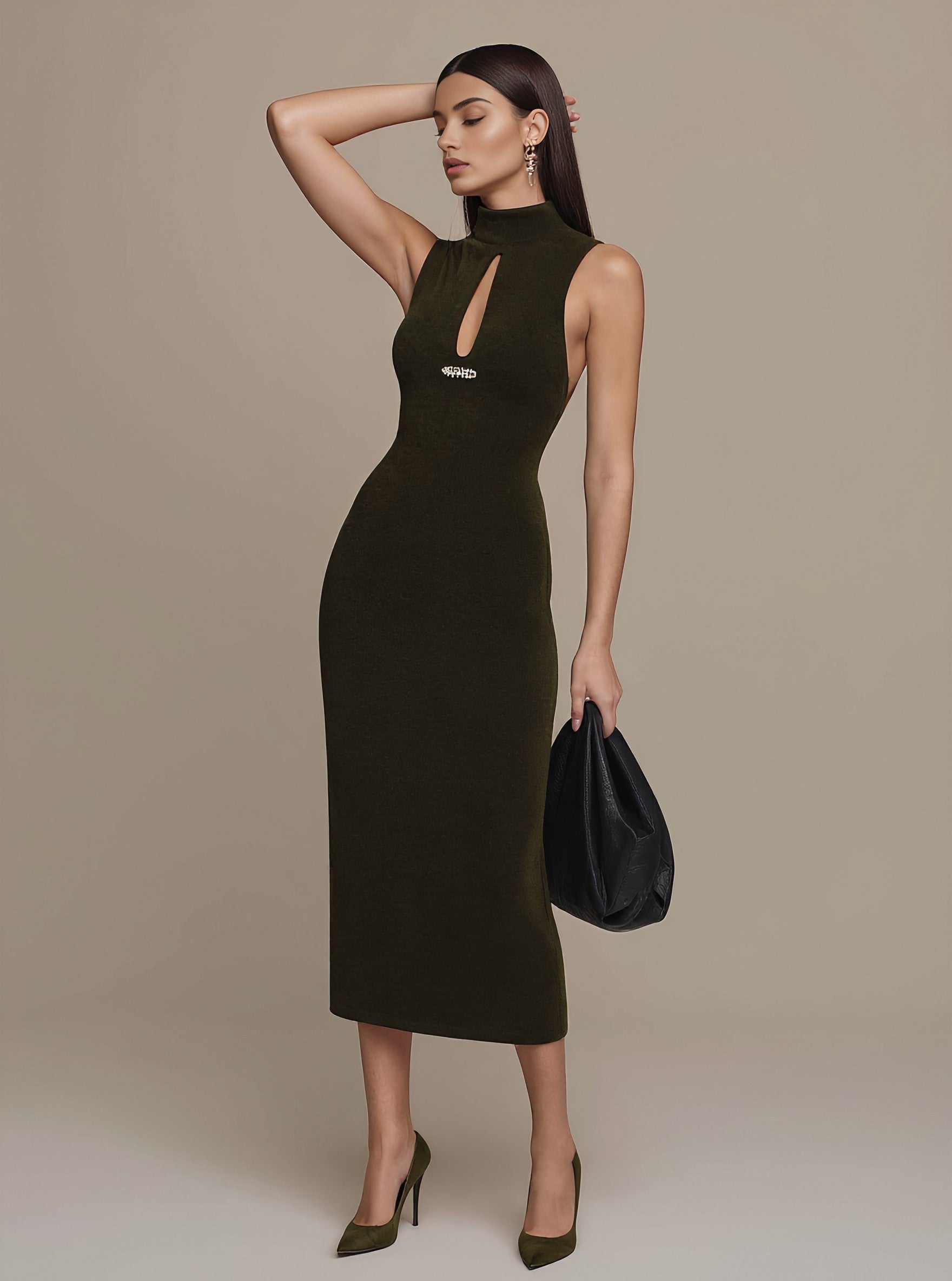 Autumn Tight Fit Wrap Dress Mid-Length Casual Style Sleeveless High Collar Women's Fashion Skirt Type Dress