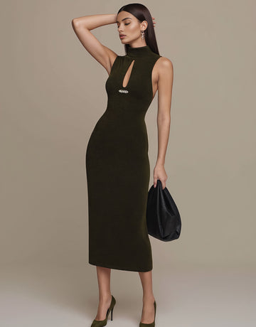 Autumn Tight Fit Wrap Dress Mid-Length Casual Style Sleeveless High Collar Women's Fashion Skirt Type Dress