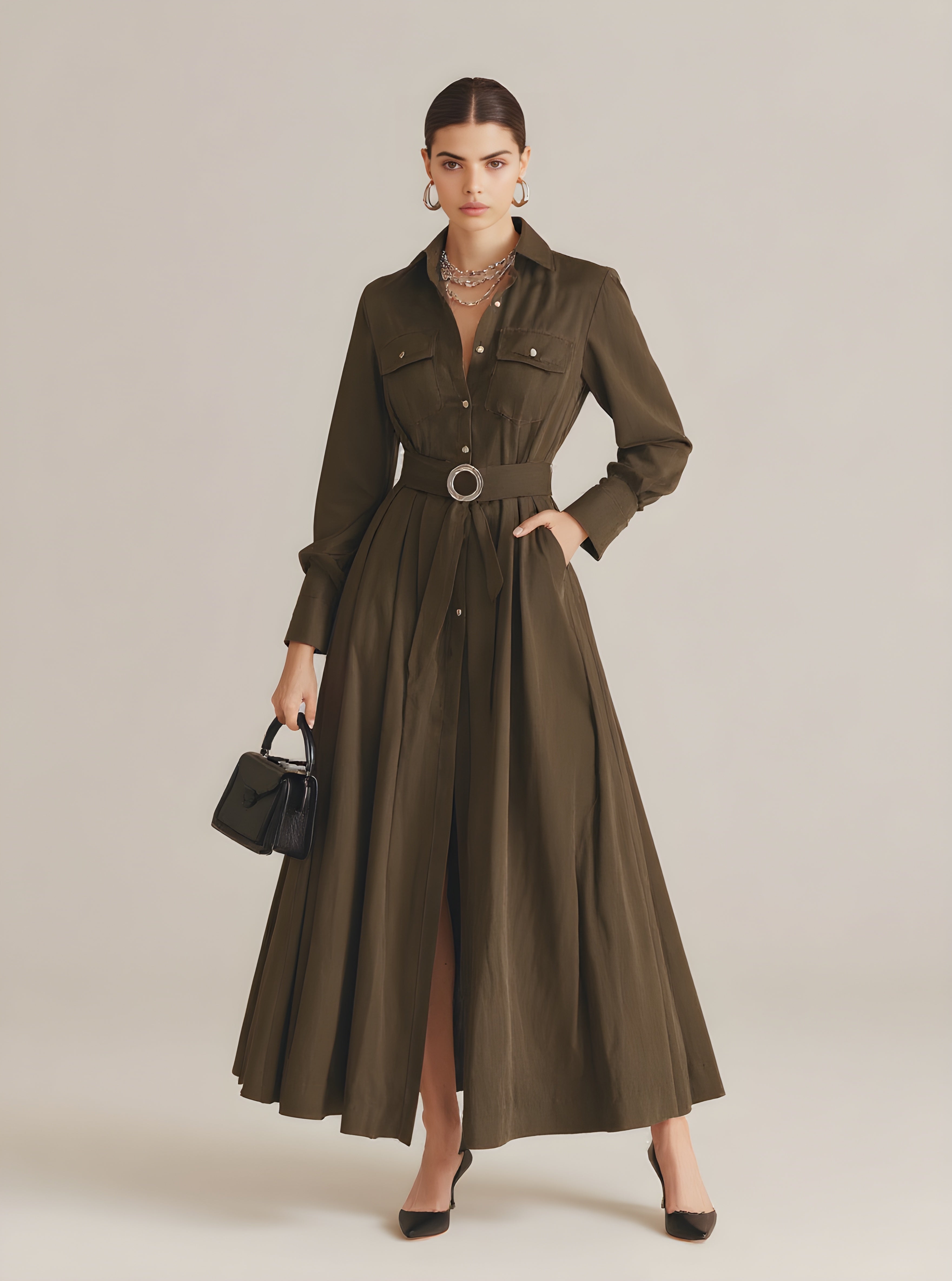 Autumn Dresses 2025 Women's Decent Plain Long Sleeve Shirt Collar High-Slit Party Midi A-Line Dresses