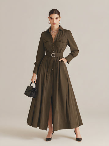 Autumn Dresses 2025 Women's Decent Plain Long Sleeve Shirt Collar High-Slit Party Midi A-Line Dresses