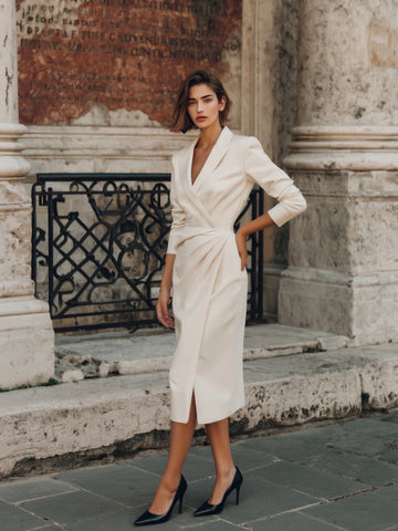 Women's Dress Autumn Elegant 2025 Plain Lapel V-Neck Long Sleeve Wrap Tie Waist Slim Fit Midi Business Dress