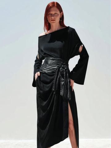 Autumn Winter Women' s 2025 Dresses Sets Elegant Plain Long Sleeve One-Shoulder Daily Office Lady Dresses Sets