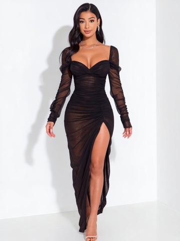 2025 Autumn Women's Dresses Elegant Plain Long Sleeve Sweetheart Neck Side Slit Sexy Sheer Maxi Evening Dress