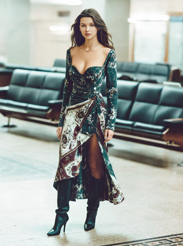 Spring Autumn Casual Dress A-Line Midi Skirt Round Neck Straight Sleeve Fit Body Style Women's Fashion Clothing