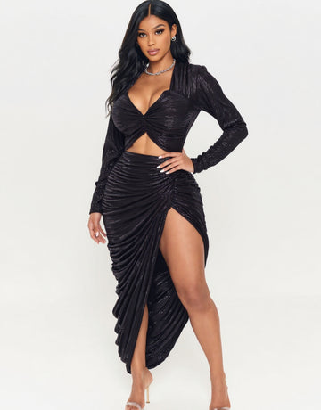 Women's Sets Autumn Dating Sexy Plain Side Slit Ruched Long Sleeve Sweetheart Neck
Midi Pencil Skirts Sets