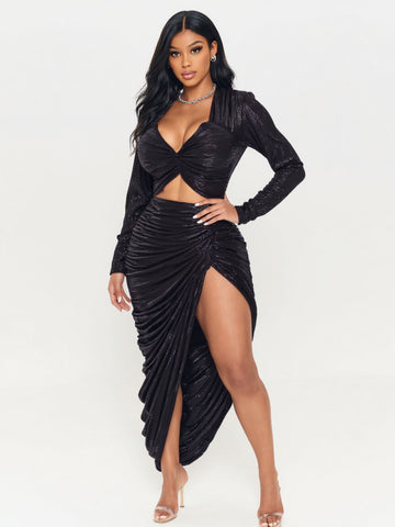 Women's Sets Autumn Dating Sexy Plain Side Slit Ruched Long Sleeve Sweetheart Neck
Midi Pencil Skirts Sets