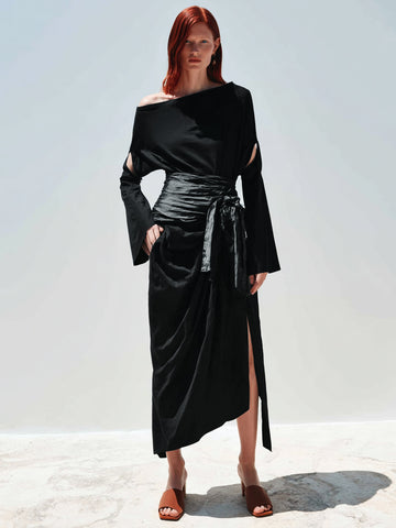 Autumn Winter Women' s 2025 Dresses Sets Elegant Plain Long Sleeve One-Shoulder Daily Office Lady Dresses Sets