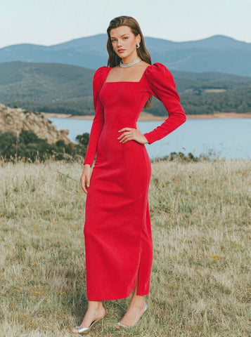 Women's Dress Autumn Elegant 2025 Plain Square Neck Puff Sleeve Bodycon Midi Evening Formal Dress