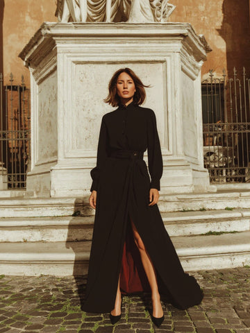 Women's Dress Autumn Elegant 2025 Plain Stand Collar Long Sleeve Tie Waist Maxi Front Slit Formal Dress