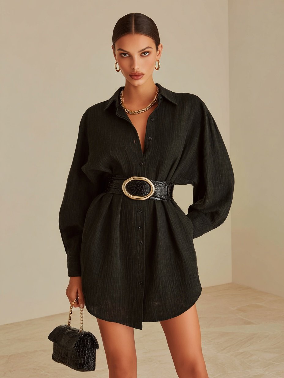 Autumn Dresses 2025 Women's Fashion Plain Long Sleeve Shirt Collar Button Front Basics Mini Draped Dresses