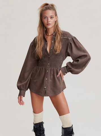 Autumn Casual Fit A-Line Dress Mid-Length Skirt Lantern Sleeve Shirt Collar Women's Fashion Clothing Dress