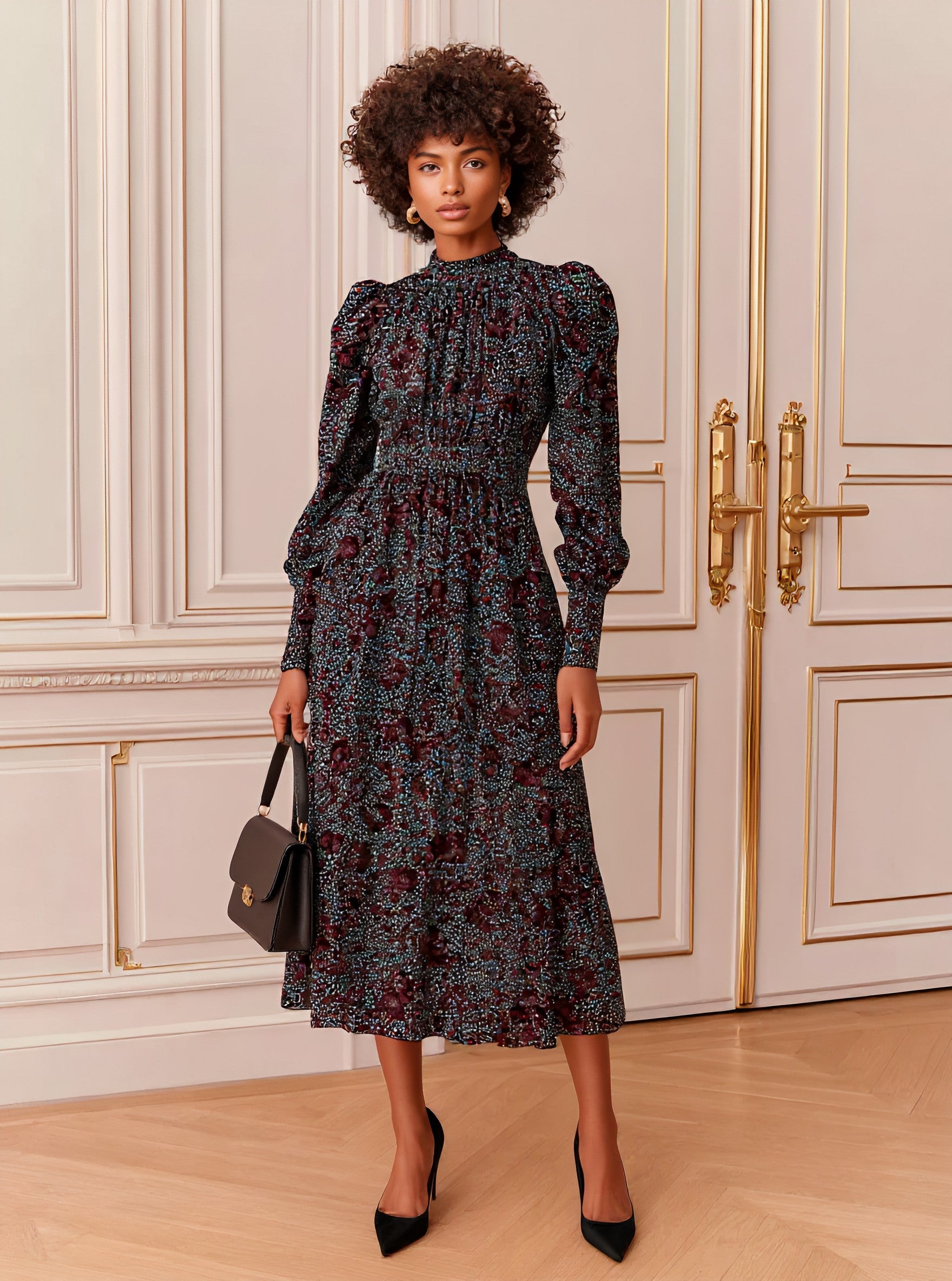 Casual Mid-Length A-Line Dress Lamb Sleeve Half High Collar Well-Fitted Autumn Fashion Women's Clothing Dress