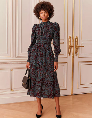 Casual Mid-Length A-Line Dress Lamb Sleeve Half High Collar Well-Fitted Autumn Fashion Women's Clothing Dress