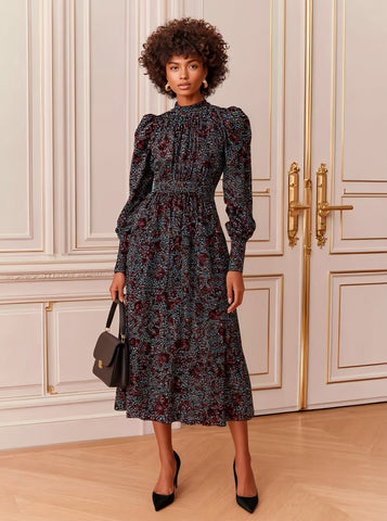 Casual Mid-Length A-Line Dress Lamb Sleeve Half High Collar Well-Fitted Autumn Fashion Women's Clothing Dress