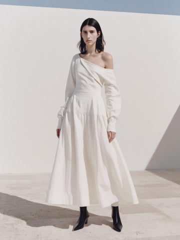 Autumn Dresses 2025 Women's Elegant Sexy Plain Long Sleeve One-Shoulder A-Line Midi Dating Dresses