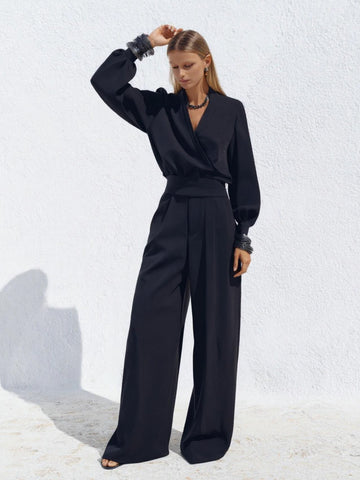 Autumn Sets 2025 Women's Fashion Plain Long Sleeve V-Neck Blouses Full Length High Waist Wide Leg Pants Work Sets