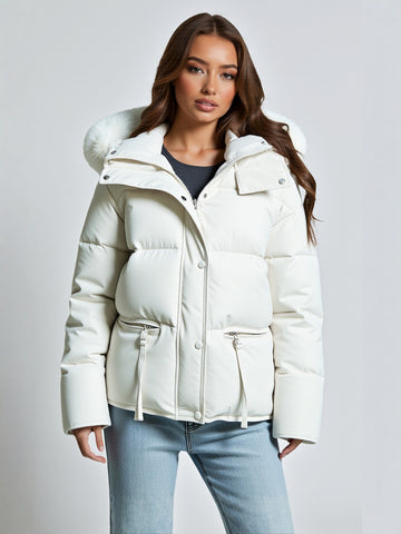 Women's  Cotton-Padded Jacket Large Fur Collar Contrast Color Loose Fit Short Style  Long Sleeve Hooded Casual