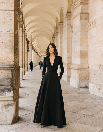 Autumn Dresses 2025 Women's Elegant Plain Draped Long Sleeve V-Neck A-Line Midi Party Dresses