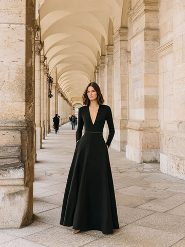 Autumn Dresses 2025 Women's Elegant Plain Draped Long Sleeve V-Neck A-Line Midi Party Dresses