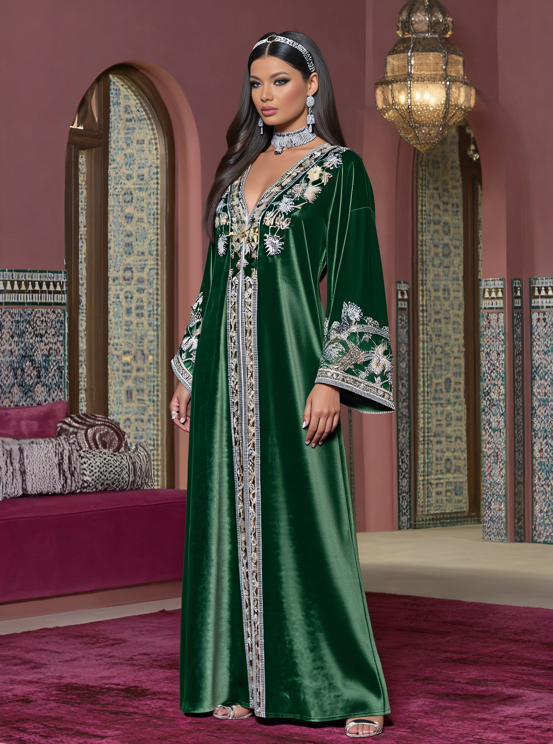 Autumn Casual Loose Jalabiyas Long Dress V-neck Sleeve Design A-line Skirt Style Women's Muslim Fashion Arabic Robe