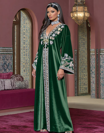 Autumn Casual Loose Jalabiyas Long Dress V-neck Sleeve Design A-line Skirt Style Women's Muslim Fashion Arabic Robe